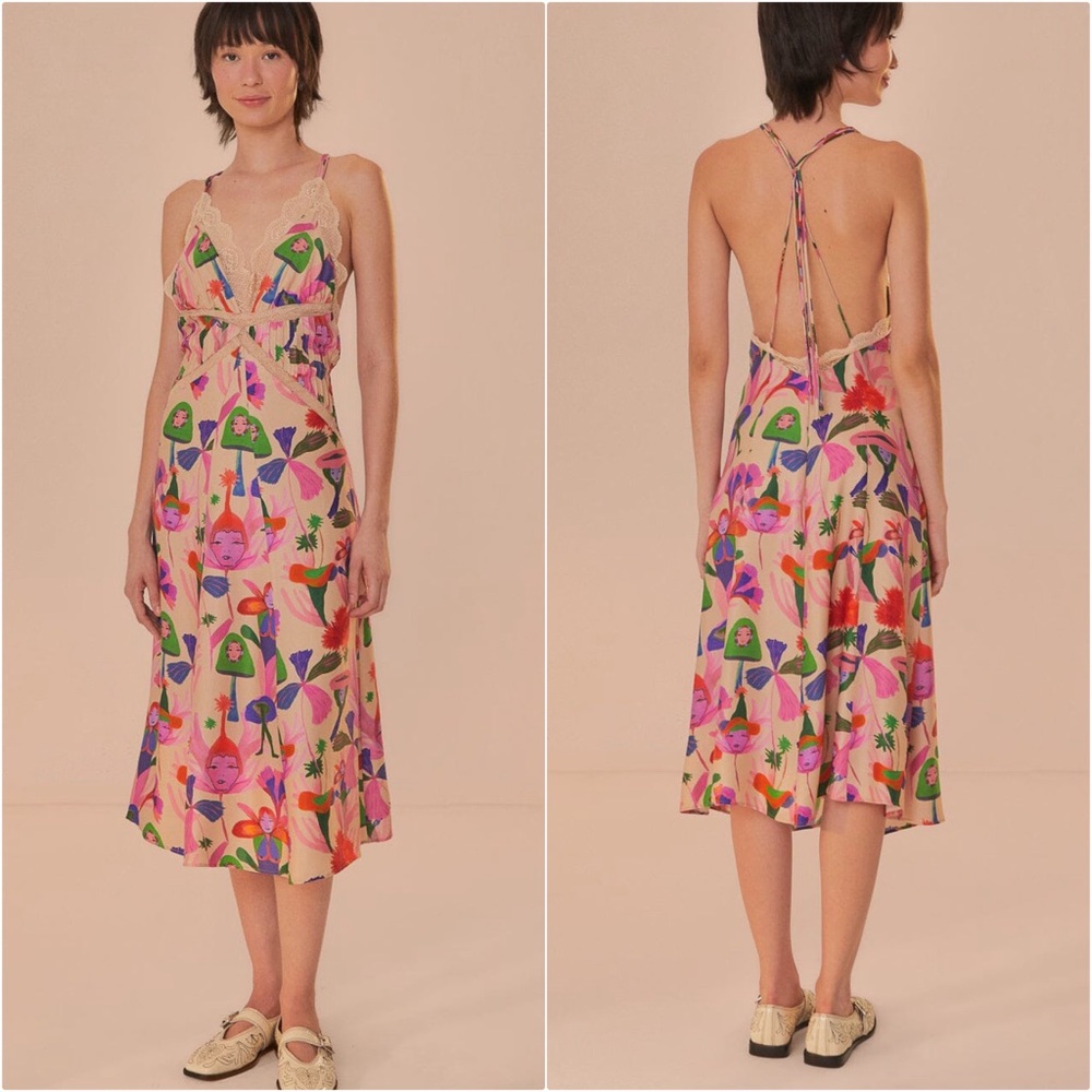 Farm Rio Sand Fairies Lace Trim Slip Midi Dress NWT Medium Beige Pink - Picture 4 of 16